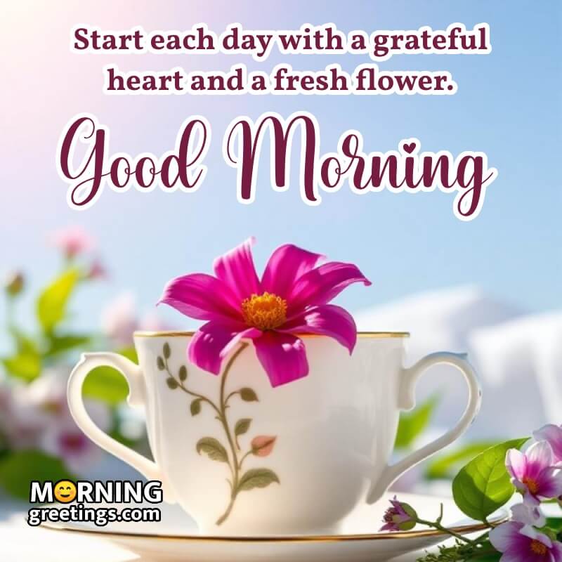 Good Morning Pink Flower And Cup Wish Pic