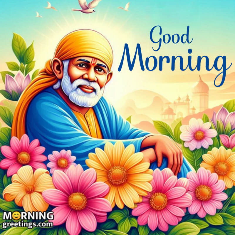 Good Morning Sai Baba With Flowers Image