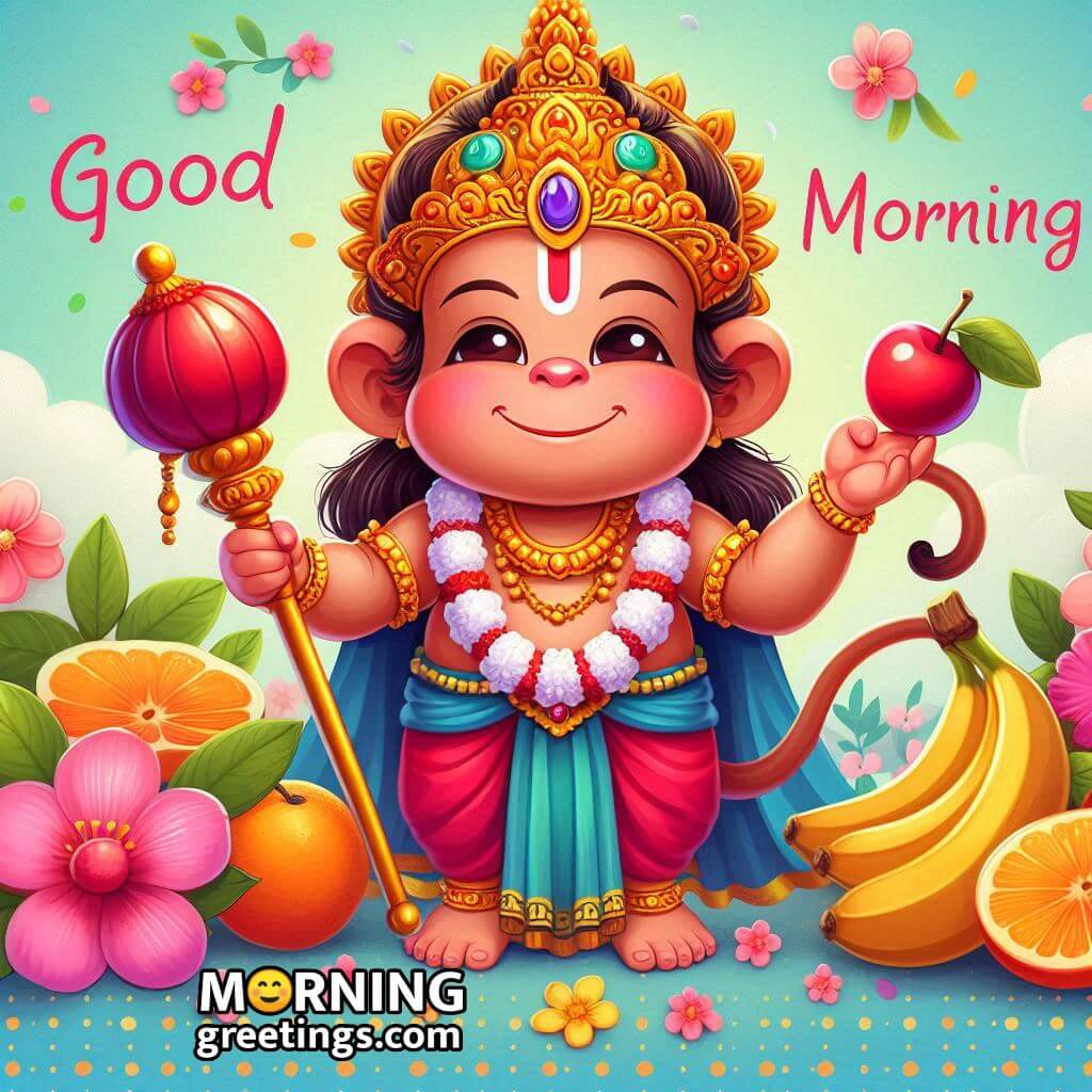 Good Morning Bal Hanuman With Fruit And Flowers