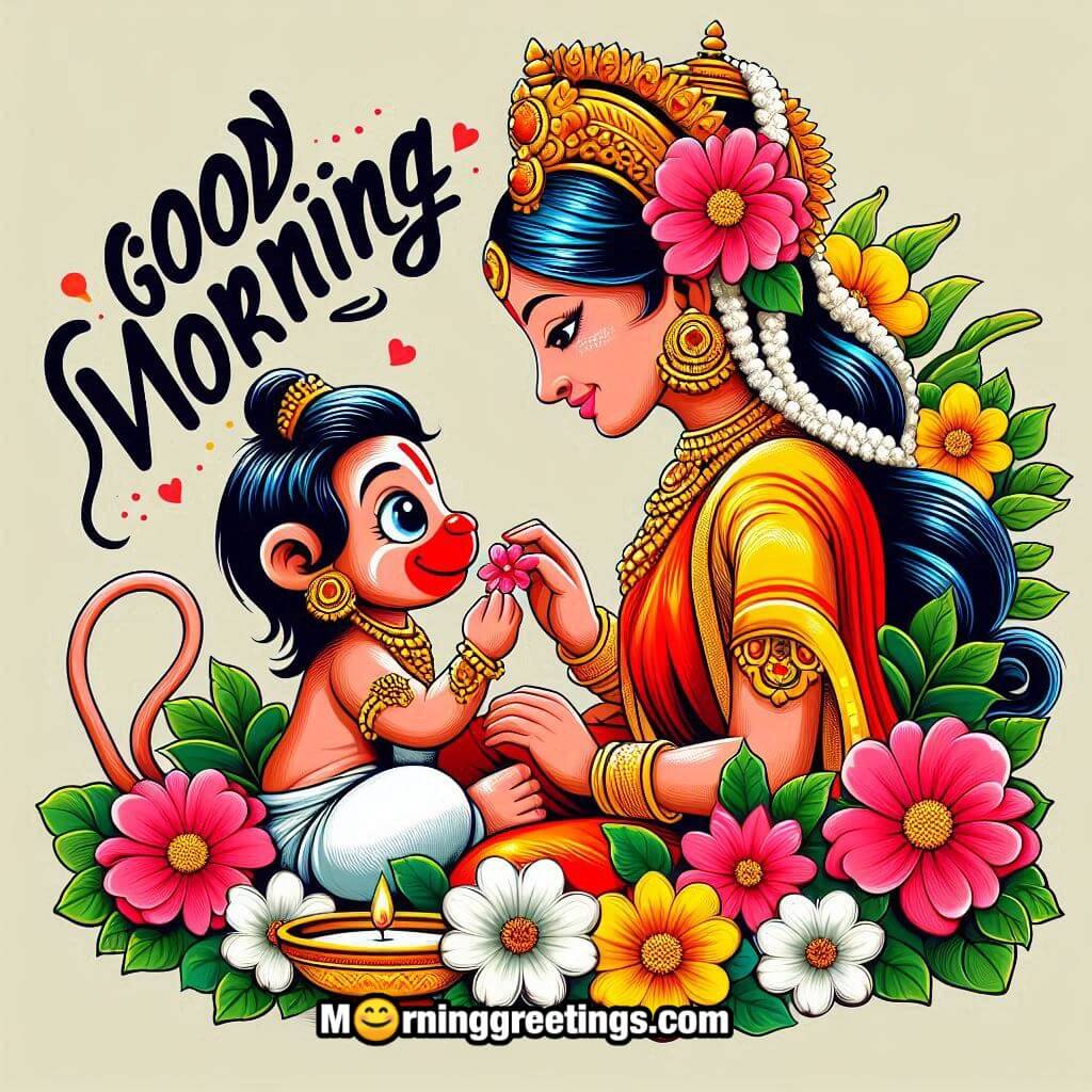 Morning Baby Hanuman Pic With Colorful Flowers
