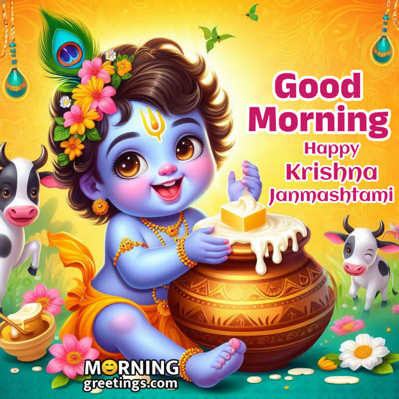 Happy Krishna Janmashtami Morning Eating Butter Photo