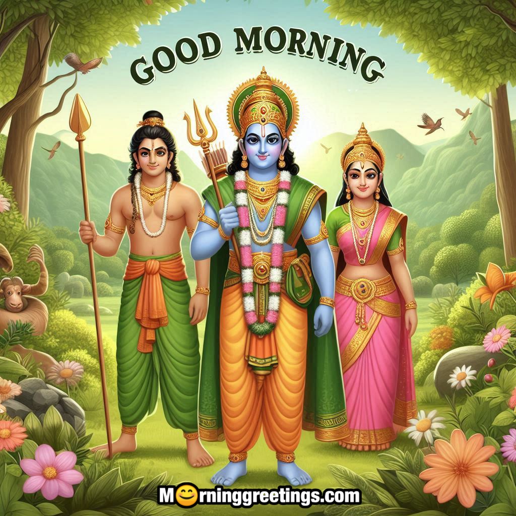 Lord Rama With Sita And Lakshmana Forest Morning