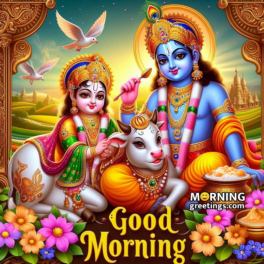 Good Morning Radha And Krishna With Cow