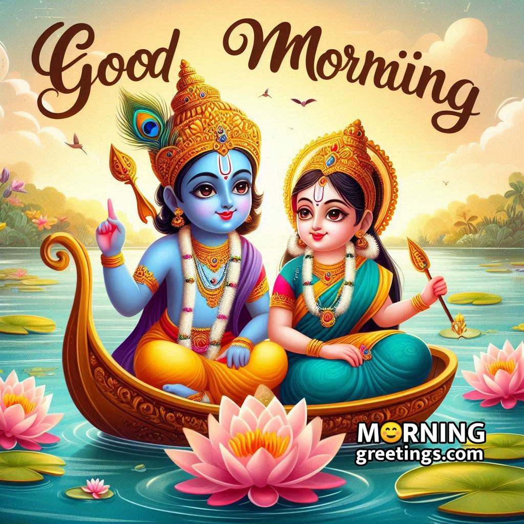 Good Morning Radha Krishna Seated In Boat