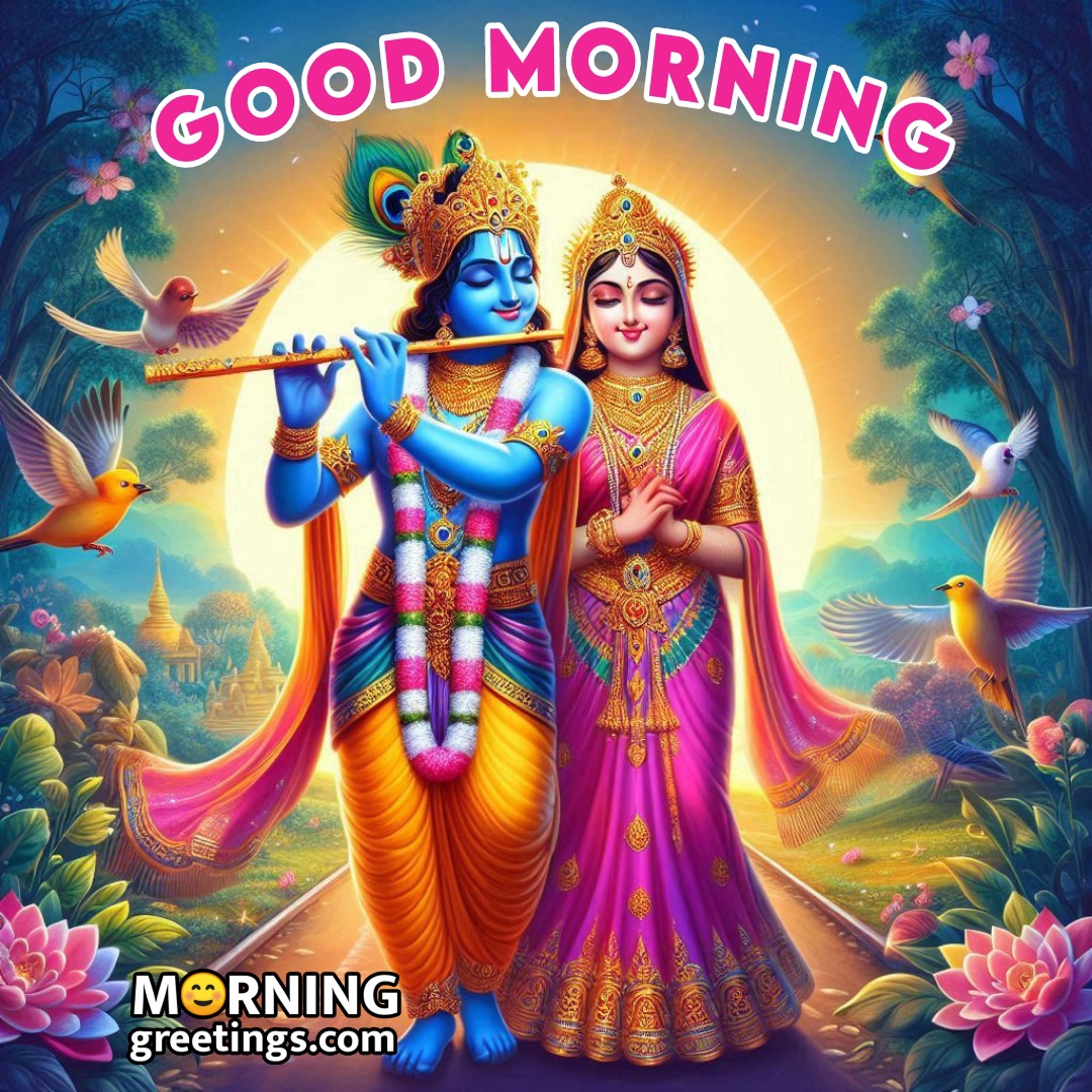 Krishna Playing Flute With Radha In Morning