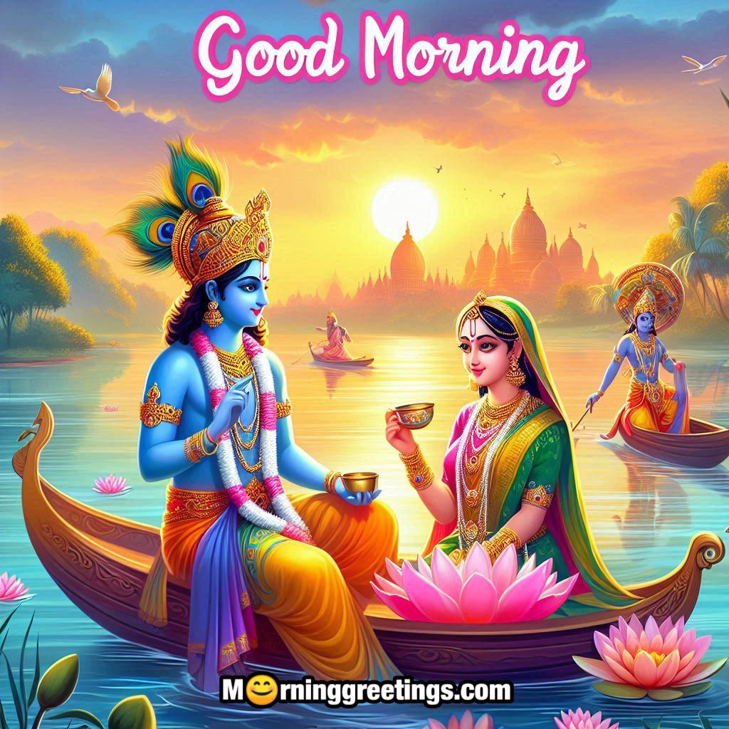 Radha Krishna Seated Morning Ride In Boat