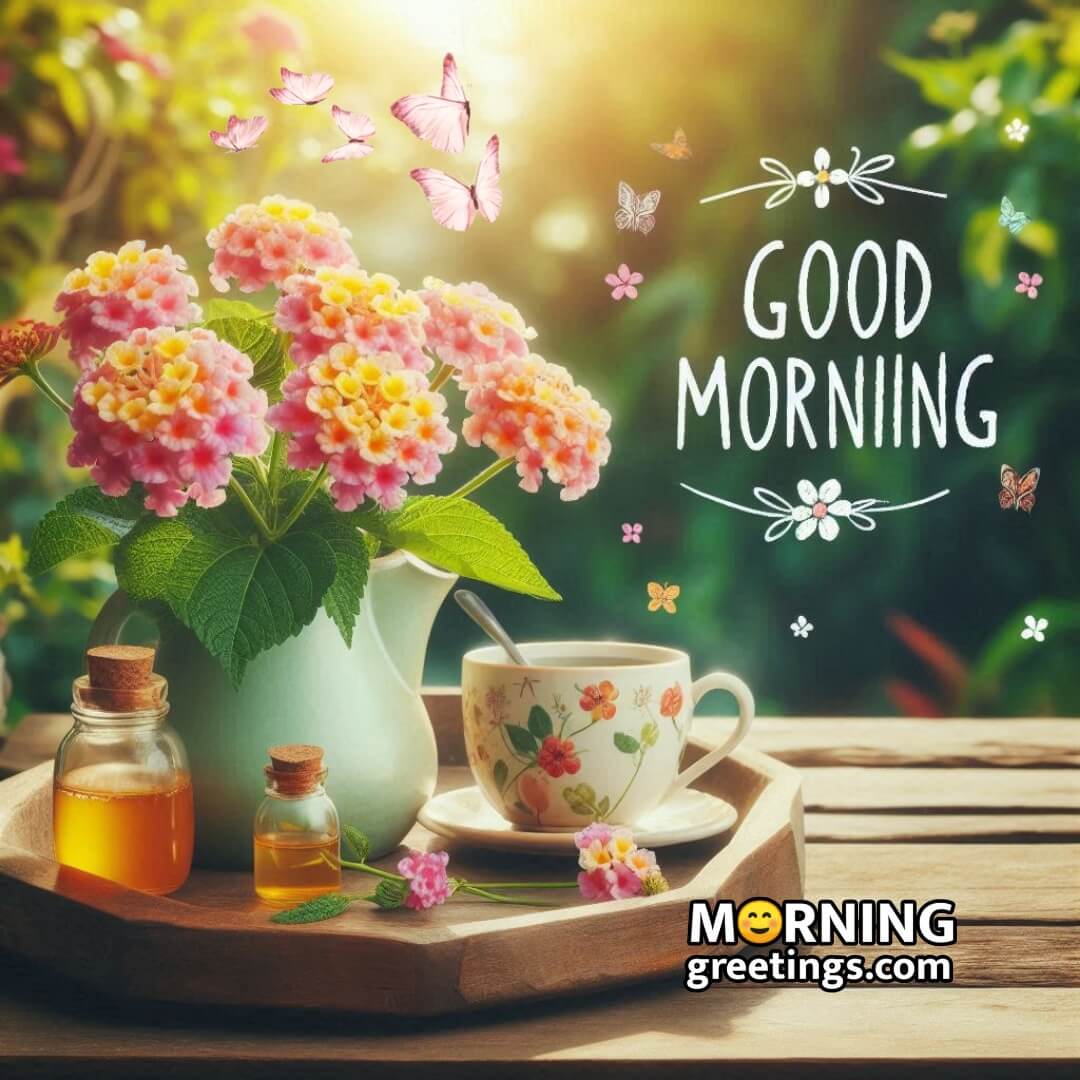 Good Morning Lantana Flower With Coffee Cup Image