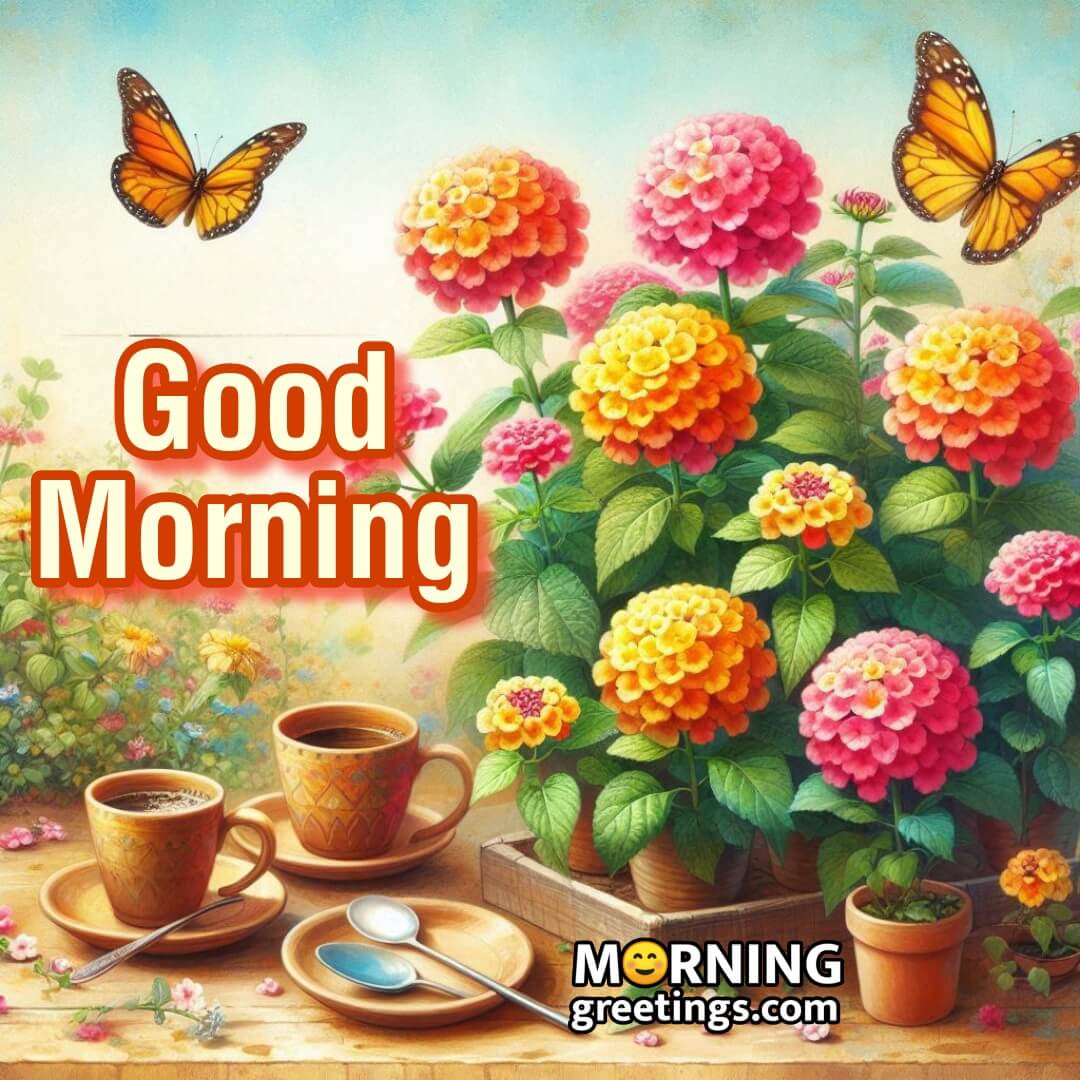 Lantana Flowers Morning Image With Coffee Cup Image